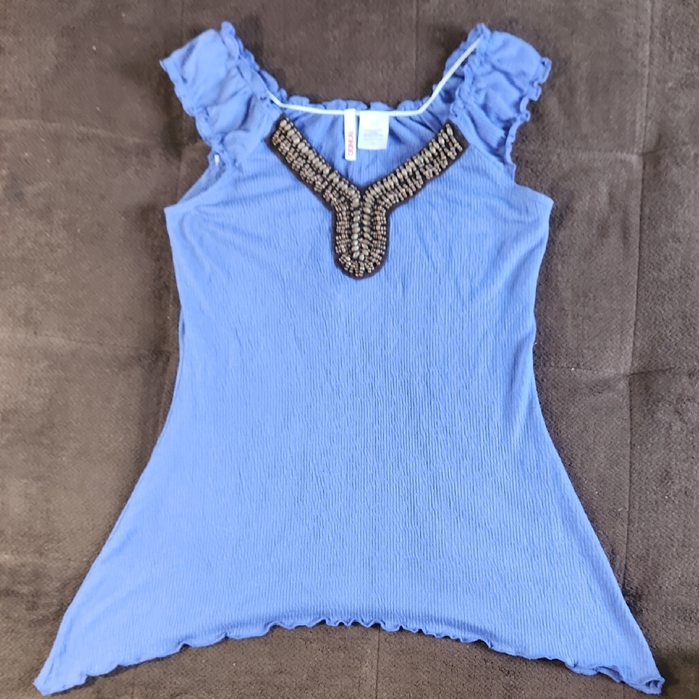 BONGO Blue Ruffled Top with Beaded Neckline